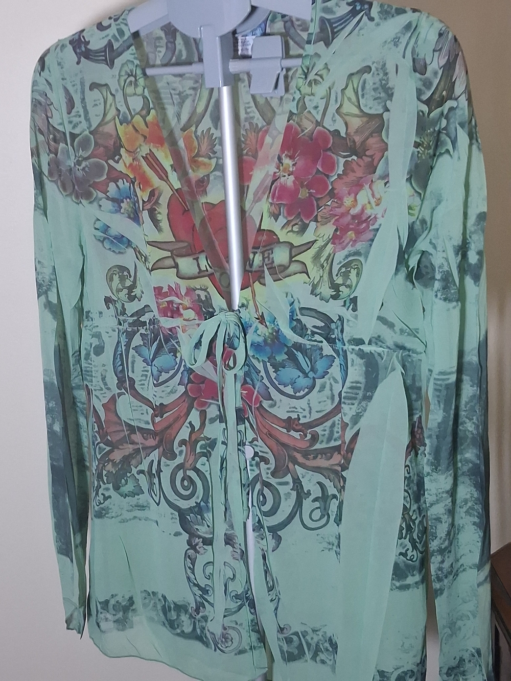 Vintage Y2K Light Mint Floral LOVE Tie-Front Sheer Top